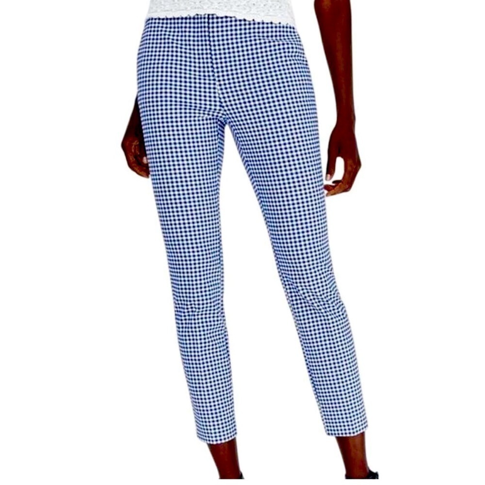 Zara Woman navy white gingham pants High rise Ankle Stretch Size 6 Casual Preppy